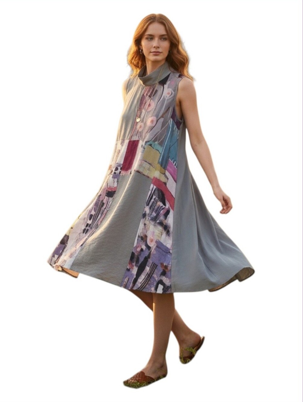 Shana Abstract Print Sleeveless Midi Dress Size S Art to Wear Cowl Neck